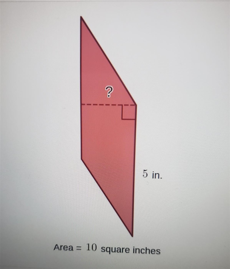 The area of a parallelogram is 10 square inches. What is the missing measurement?​-example-1