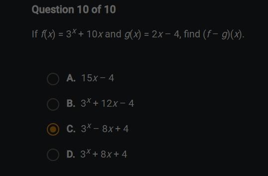 If f(x) = 3^x + 10x and g(x) = 2x - 4, find (f + g)(x)-example-1