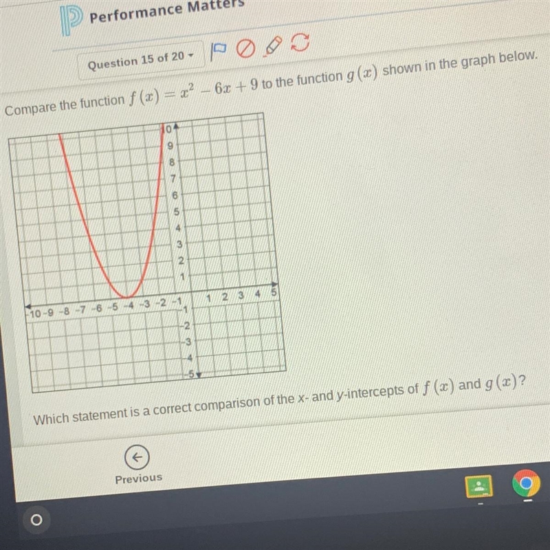 A) The f (x) has both a greater x-intercept and y-intercept. B) The g (x) has both-example-1