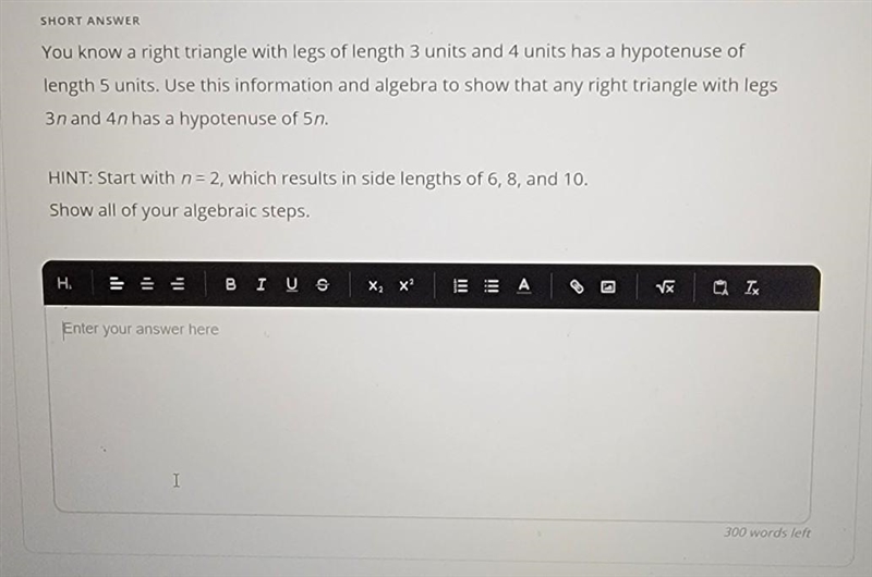 You know a right triangle with legs of length 3 units and 4 units has a hypotenuse-example-1