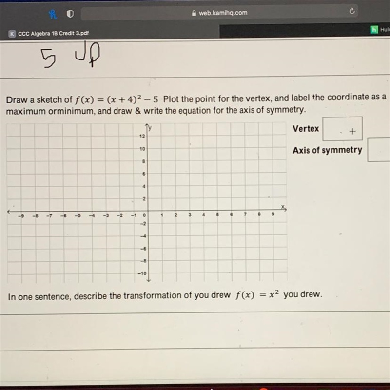 Draw a sketch of f(x)= (x+4)^2-5. Plot the point for the vertex, and label the coordinate-example-1