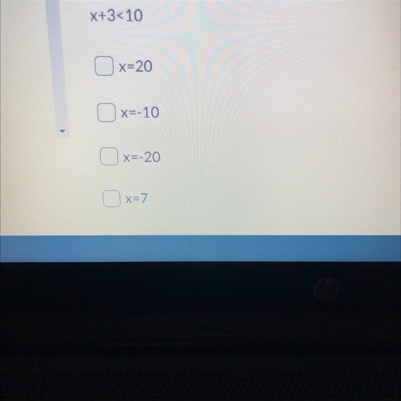 Select each solution for the inequality.X+3<10A. x=20B. x=-10C. x=-20D. x=7This-example-1