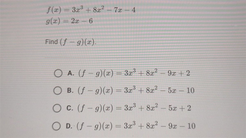 F(x) = 3x³ + 8x² - 7x - 4 g(x) = 2x - 6 Find (ƒ - g)(x).​-example-1