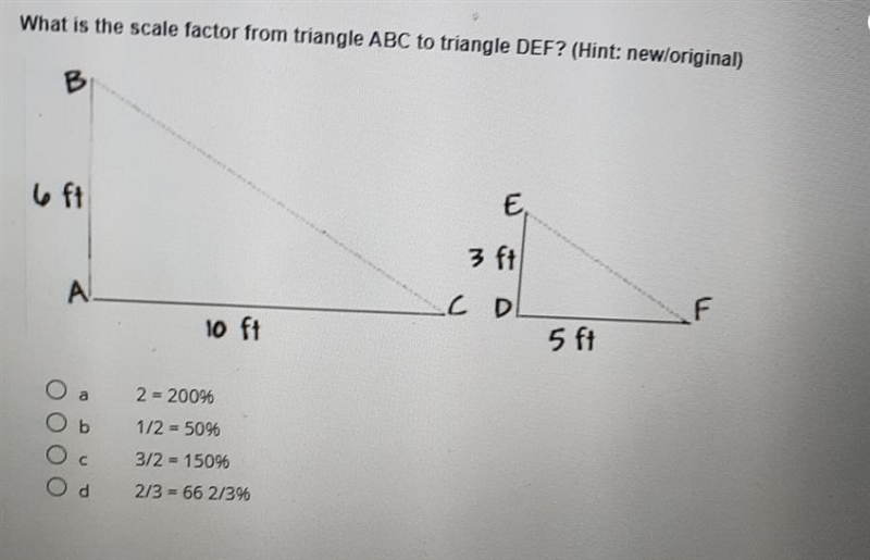 What is the scale factor from triangle ABC to triangle DEF? (Hint: new/original) B-example-1