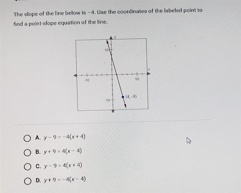 QUESTION 10 of 10 The slope of the line below is -4. Use the coordinates of the labeled-example-1