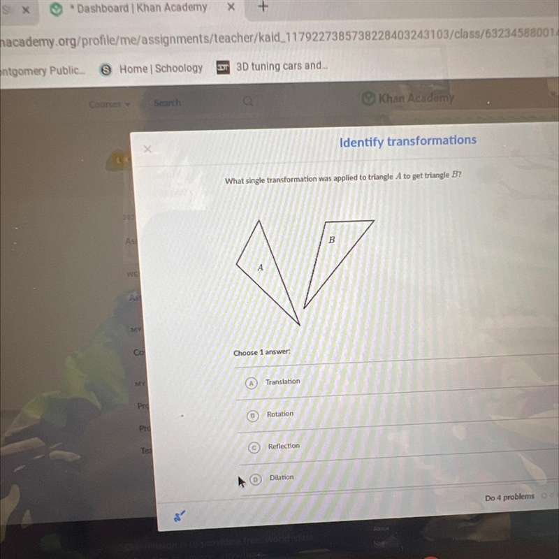 What single transformation was applied to triangle A to get triangle B? Choose 1 answer-example-1