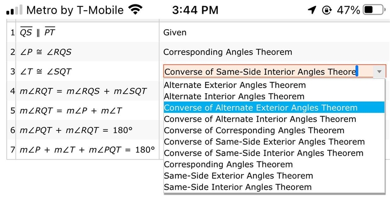 Complete the proof that m∠P+m∠T+m∠PQT=180° without using the Triangle Angle Sum Theorem-example-2