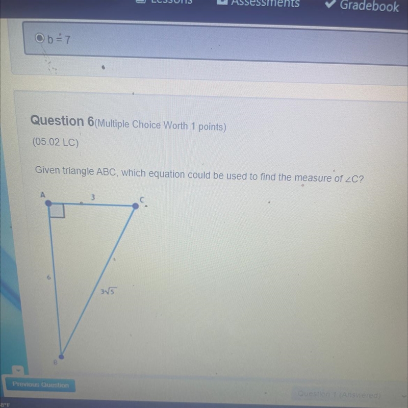 Given triangle ABC, which equation could be used to find the measure of angle C? Please-example-1