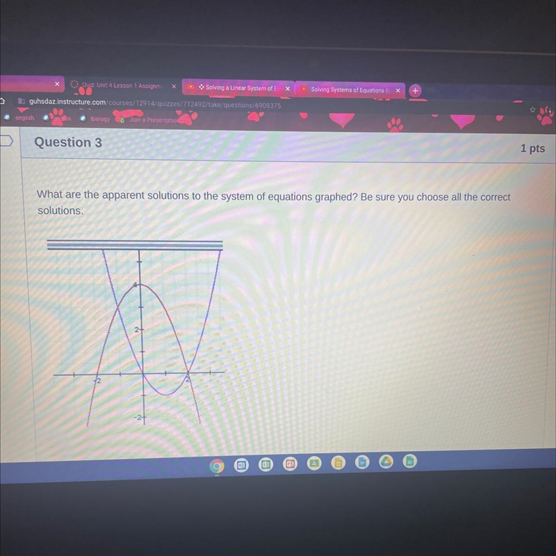 What are the apparent solutions to the system of equations graphed?-example-1