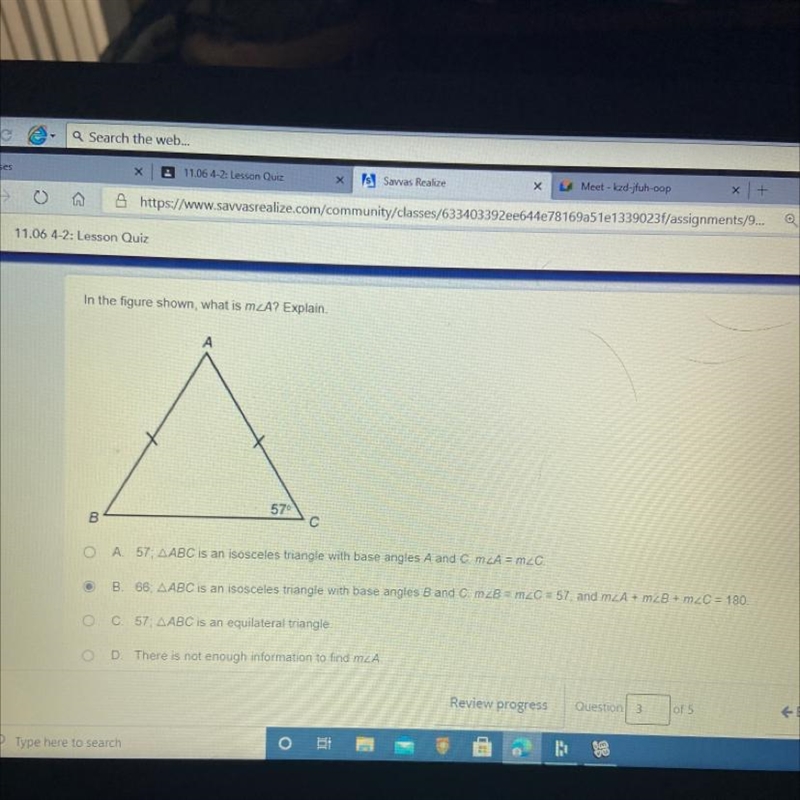 In the figure shown, what is mzA? Explain.57°; AABC is an isosceles triangle with-example-1