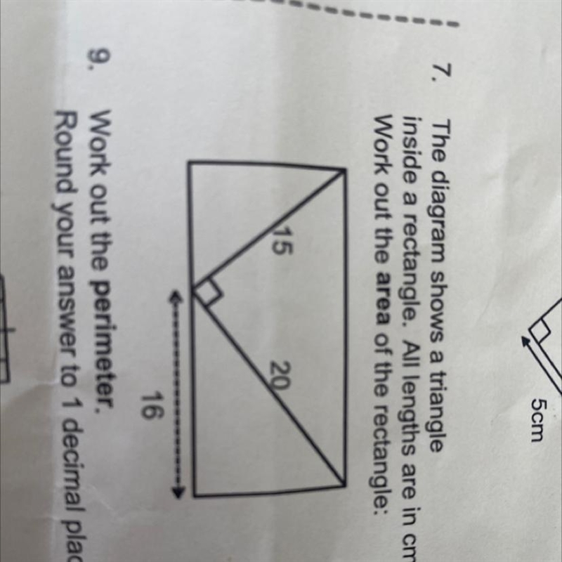 The diagram shows a triangle inside a rectangle. All lengths are in cm. Work out the-example-1