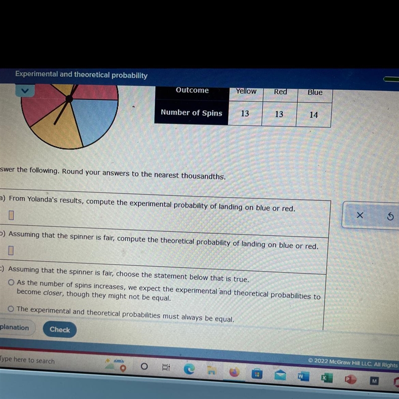 A spinner with 5 equally sized slices has 2 yellow slices, 2 red slices, and 1 blue-example-1