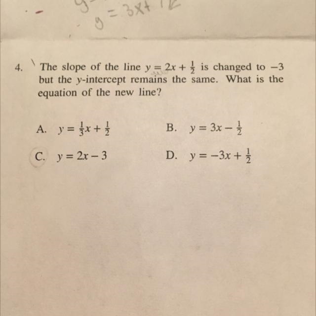 The slope of the line y=2x+1/2 is changed to -3 but the y-intercept remains the same-example-1