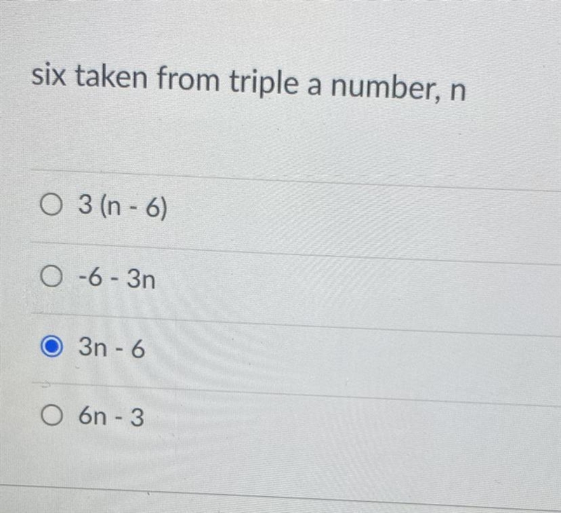 Which equation below matches the statement? Six taken from triple a number , n-example-1