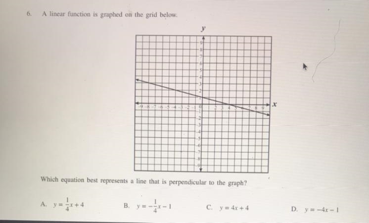 Which equation best represents a line that is perpendicular to the graph? A. y = 1/4x-example-1