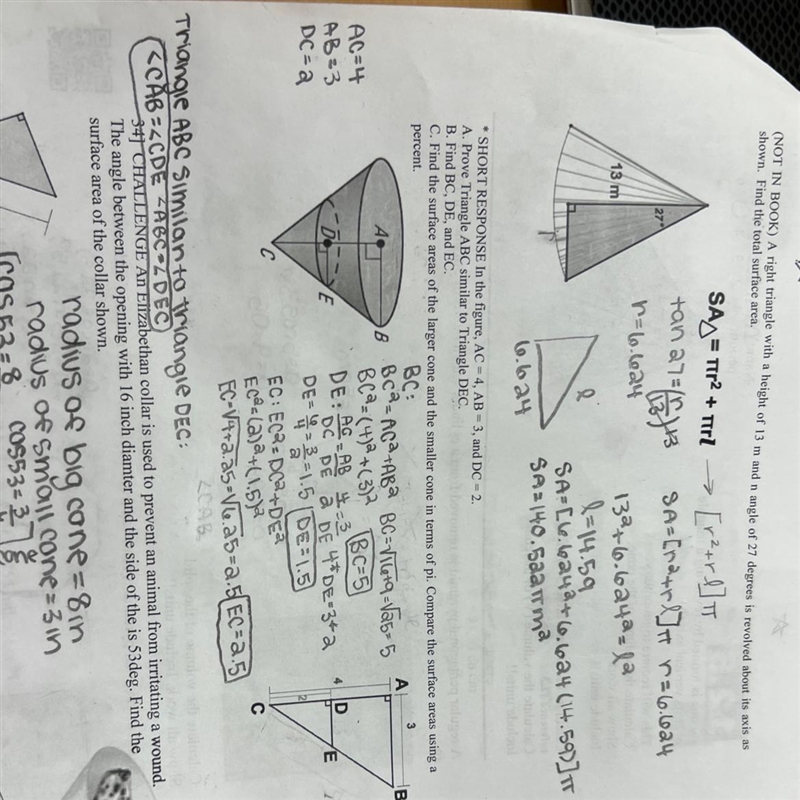 find the surface areas of the larger cone and the smaller cone in terms of pi. compare-example-1