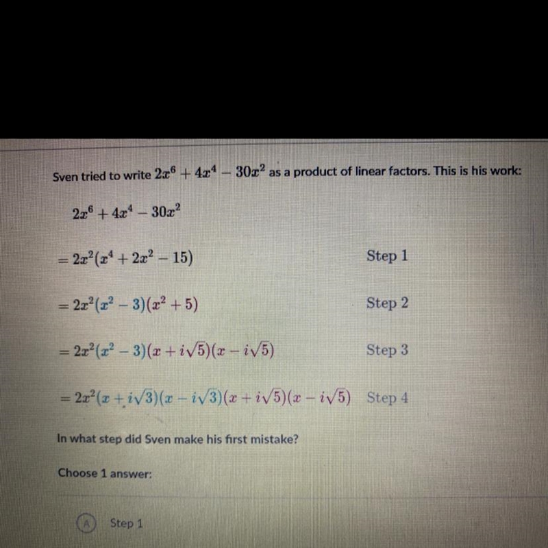 Sven tried to write 226 + 4x4 – 30m2 as a product of linear factors. This is his work-example-1