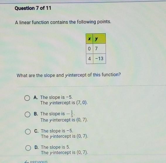 A linear function contains the following points. 0,74,-13What are the slope and y-example-1