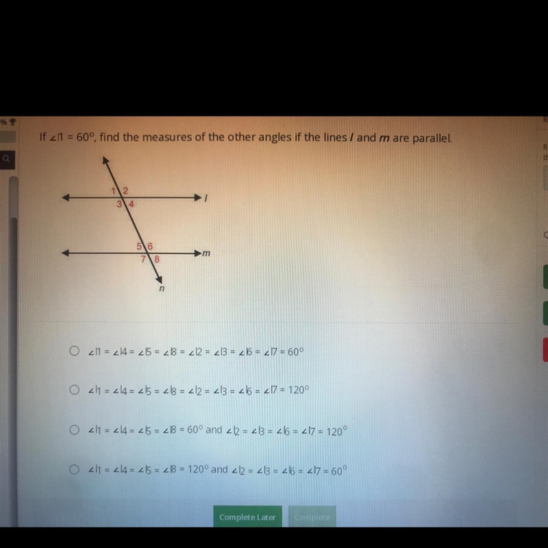 If 2/1 = 60°, find the measures of the other angles if the lines / and m are parallel-example-1