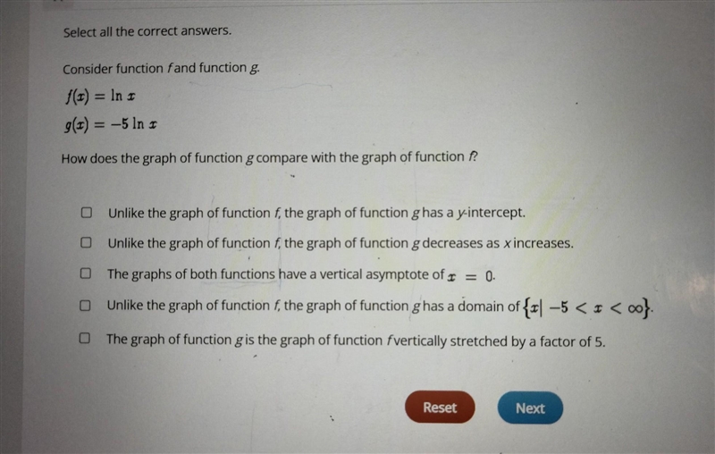 select all the correct answers. Consider the function f and function G. f(x) = ln-example-1