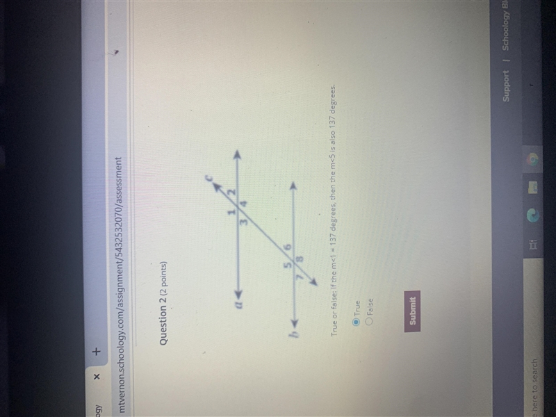 True or false: If the m<1 = 137 degrees, then the m<5 is also 137 degrees.TrueO-example-1