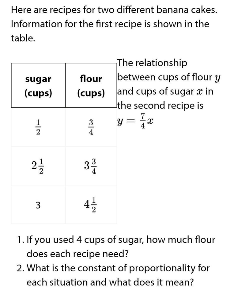 if you used 4 cups of sugar how much flour does each recipe need ? What is the constant-example-1