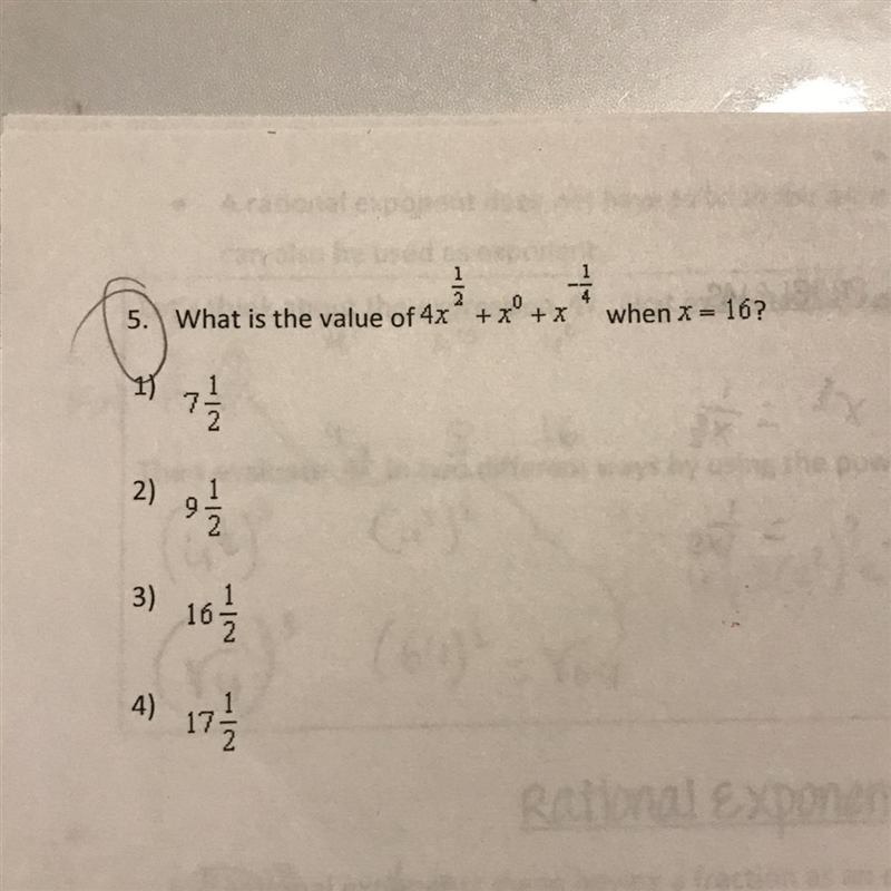 1 5. What is the value of 4x² + x + x 11 2) 9 1|2 1/2 3) 10호 4) 17를 -1* when x = 16? Rational-example-1