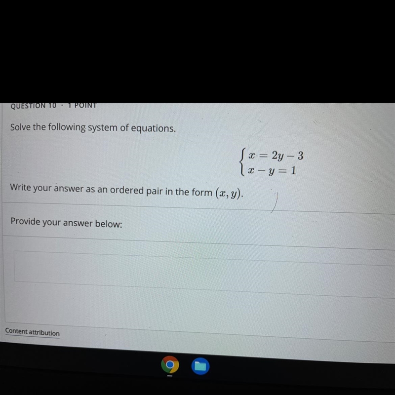 Solve the following system of equations.{x=2y−3 x−y=1Write your answer as an ordered-example-1