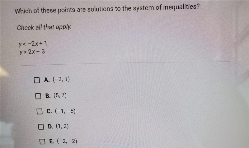 which of these points are solutions to the system of inequalities? check all that-example-1