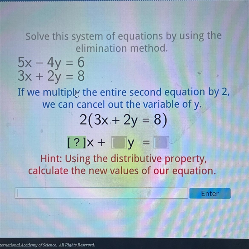 -Solve this system of equations by using theelimination method.5x – 4y = 63x + 2y-example-1