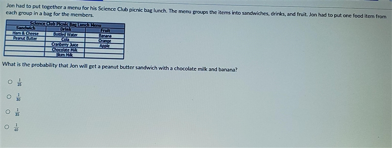 Jon had to put together a menu for his Science Club picnic bag lunch. The menu groups-example-1