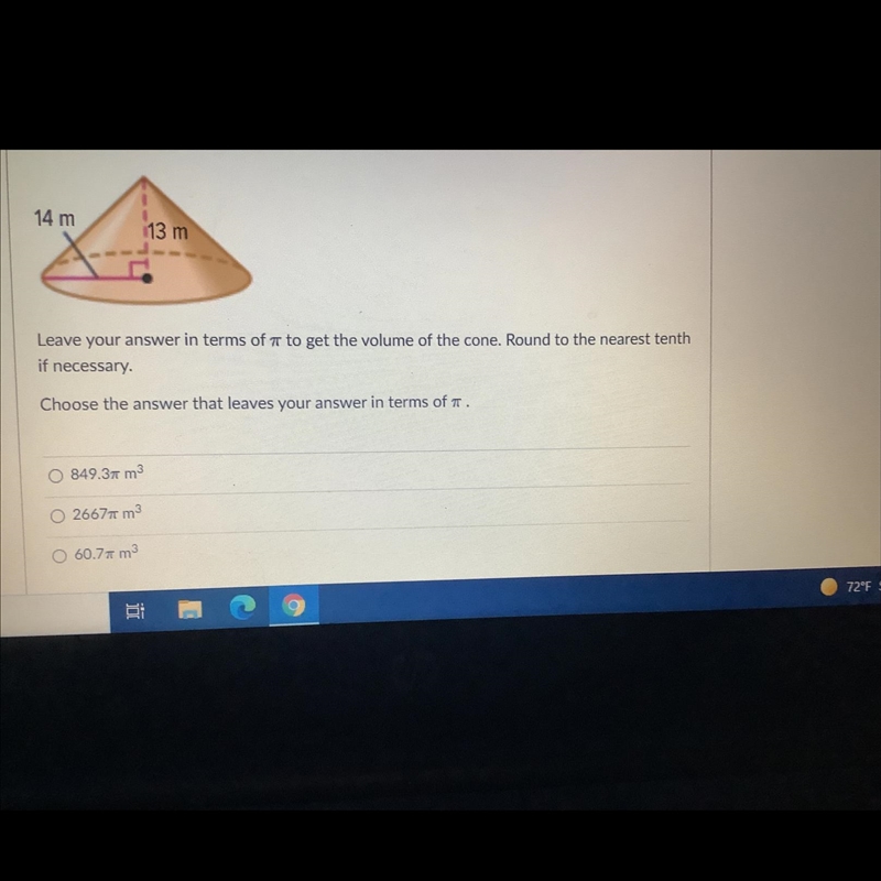 Media answering insurance of poly to get the volume of the cone. Rounds and there-example-1