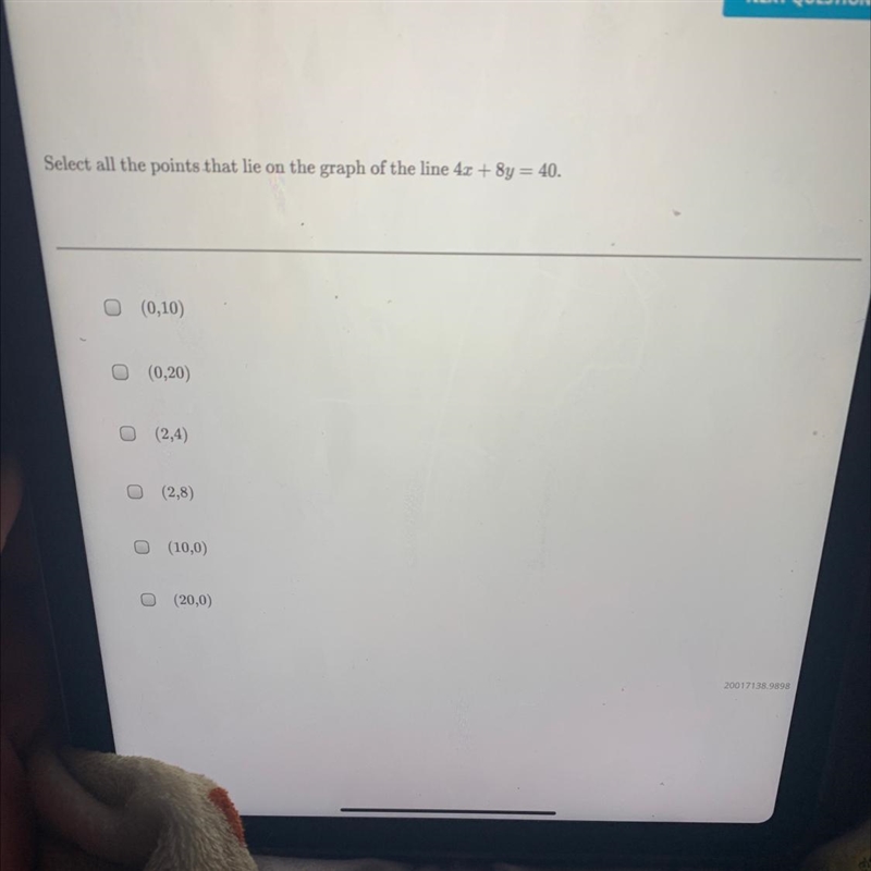 Select all the points that lie on the graph of the line 4x + 8y = 40.-example-1