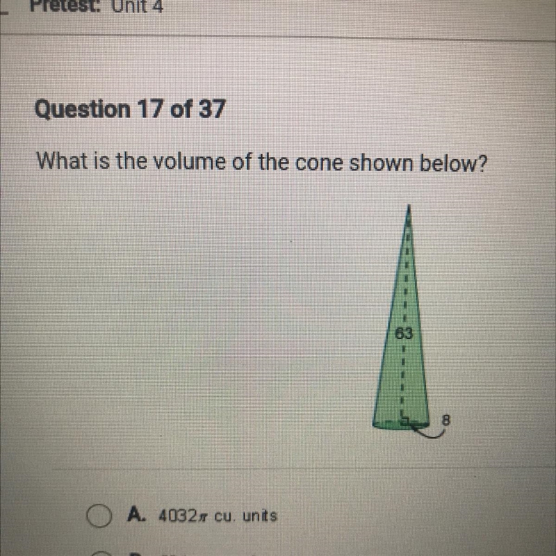 What is the volume of the cone shown below?A. 4092x cu unitsB. 504x cu unitsC. 1344x-example-1