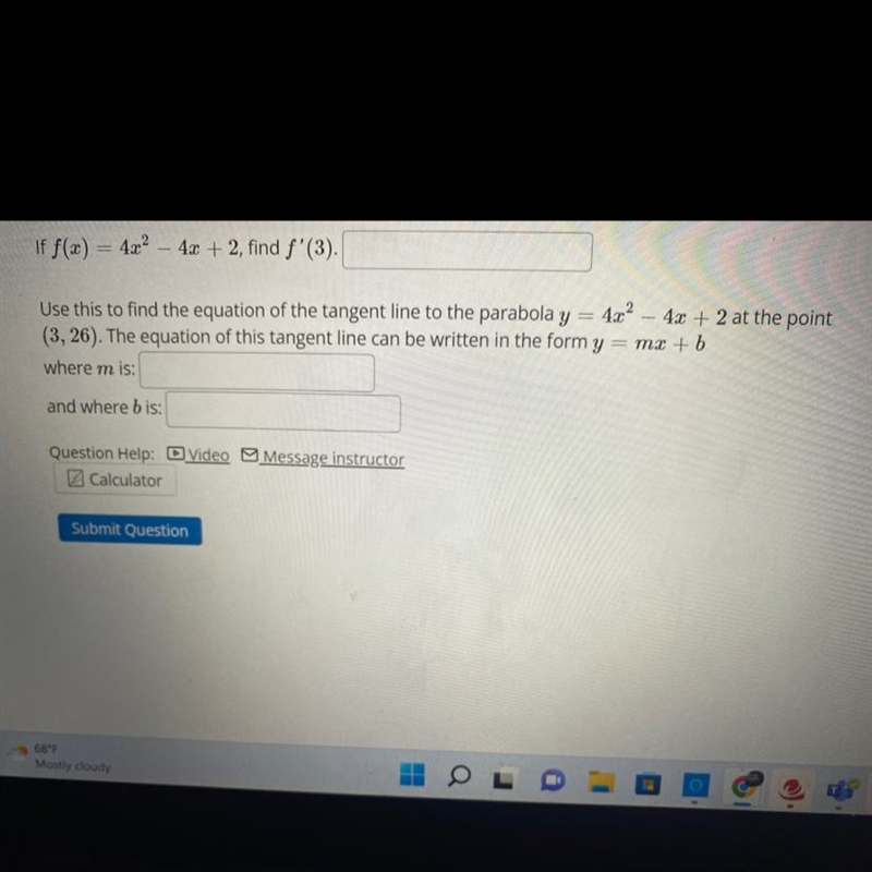 Use this to find the equation of the tangent line to the parabola y = 4x ^ 2 - 4x-example-1