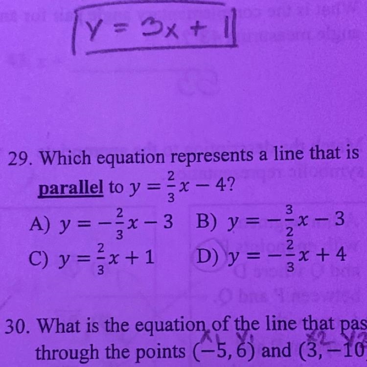 Which equation represents a line that is parallel to y=2/3x-4?-example-1