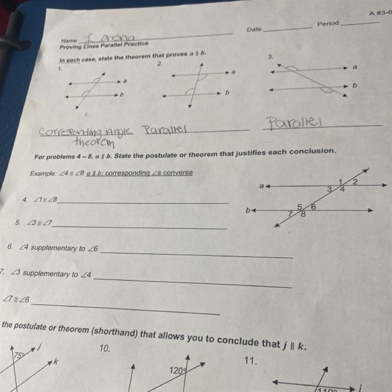 For problems 4-8, a || b. State the postulate or theorem that justifies each conclusion-example-1