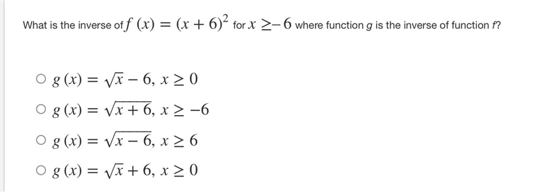 What is the inverse of f(x)=(x+6)2 for x≥–6 where function g is the inverse of function-example-1