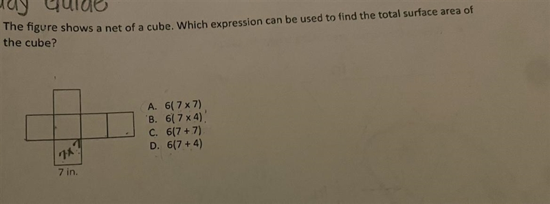 The figure shows a net of a cube. Which expression can be used to find the total surface-example-1