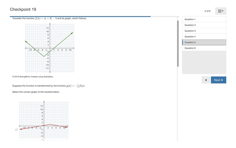 Consider the function f(x)=|x+3|−5 and its graph, which follows. An absolute value-example-1