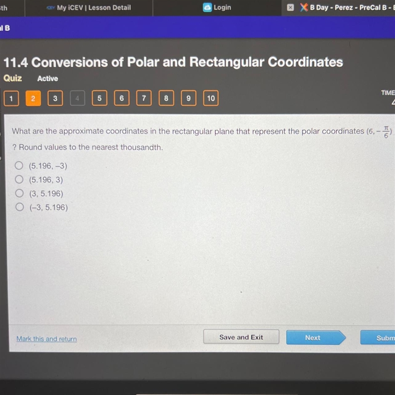 11.4 Conversions of Polar and Rectangular Coordinates What are the approximate coordinates-example-1