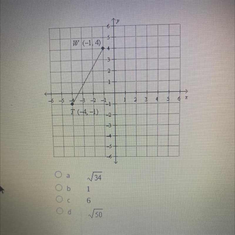 Use the distance formula to find the distance between each pair of points. (-1,4), (-4,-1)-example-1