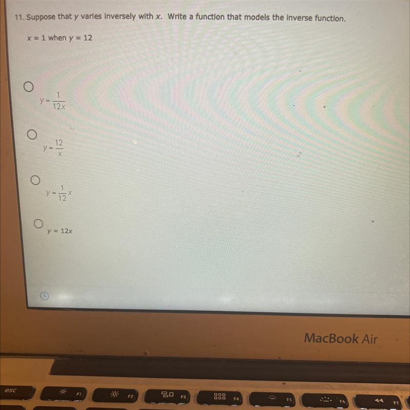 11. Suppose that y varies inversely with x. Write a function that models the inverse-example-1