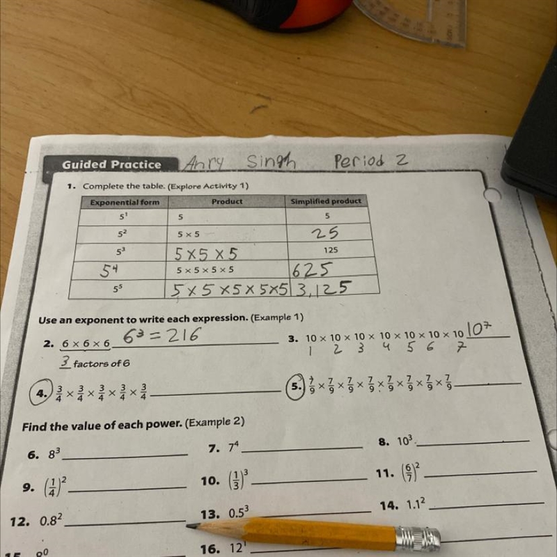 Use an exponent to write each expression. I need help with 4 and 5-example-1