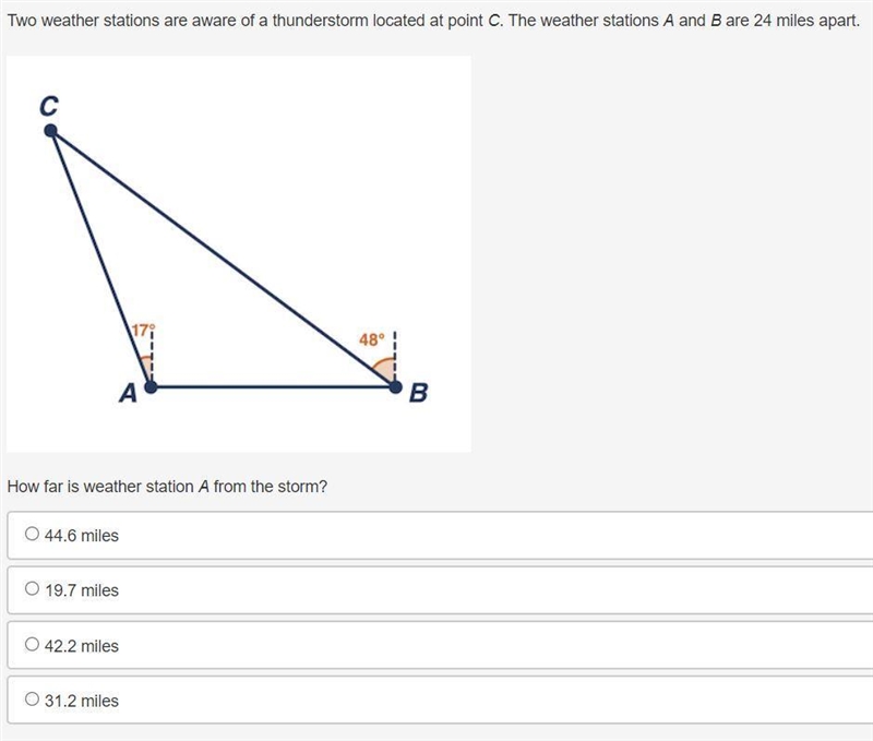 Two weather stations are aware of a thunderstorm located at point C. The weather stations-example-1