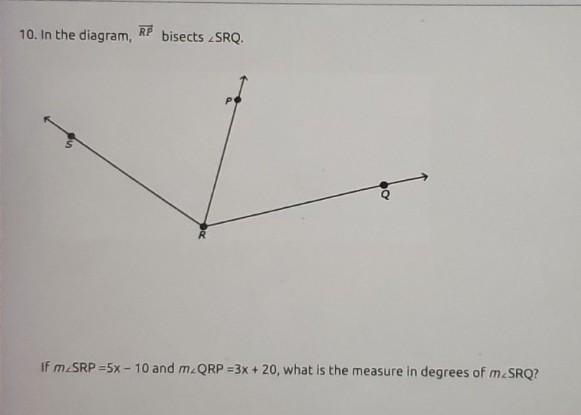 In the diagram, RP bisects SRQ. if SRP =5x-10 and QRP=3x+20, what is the measure in-example-1