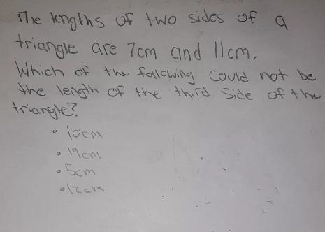 the lengths of two sides of a triangle are 7cm and 11 cm.Which Of the following could-example-1