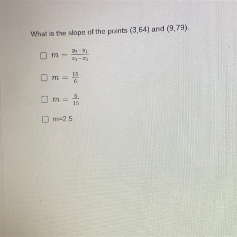 What is the slope of the points (3,64) and (9,79). m= m = = 15 6 m = Un Hồ 2-#1 m-example-1