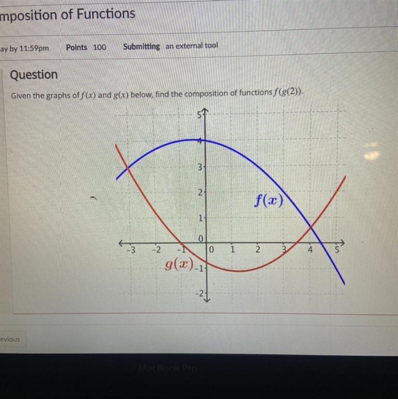 Given the graphs of f(x) and g(f) below find the composition of functions f(g(2))-example-1