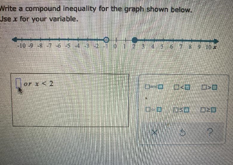 Write a compound inequality for the graph shown below.Use x for your variable.-10 -9 -8 -7 -6 -5 4 -3 -2 -1 0 1 2 3 4 5 6 7 8 9 10xor-example-1